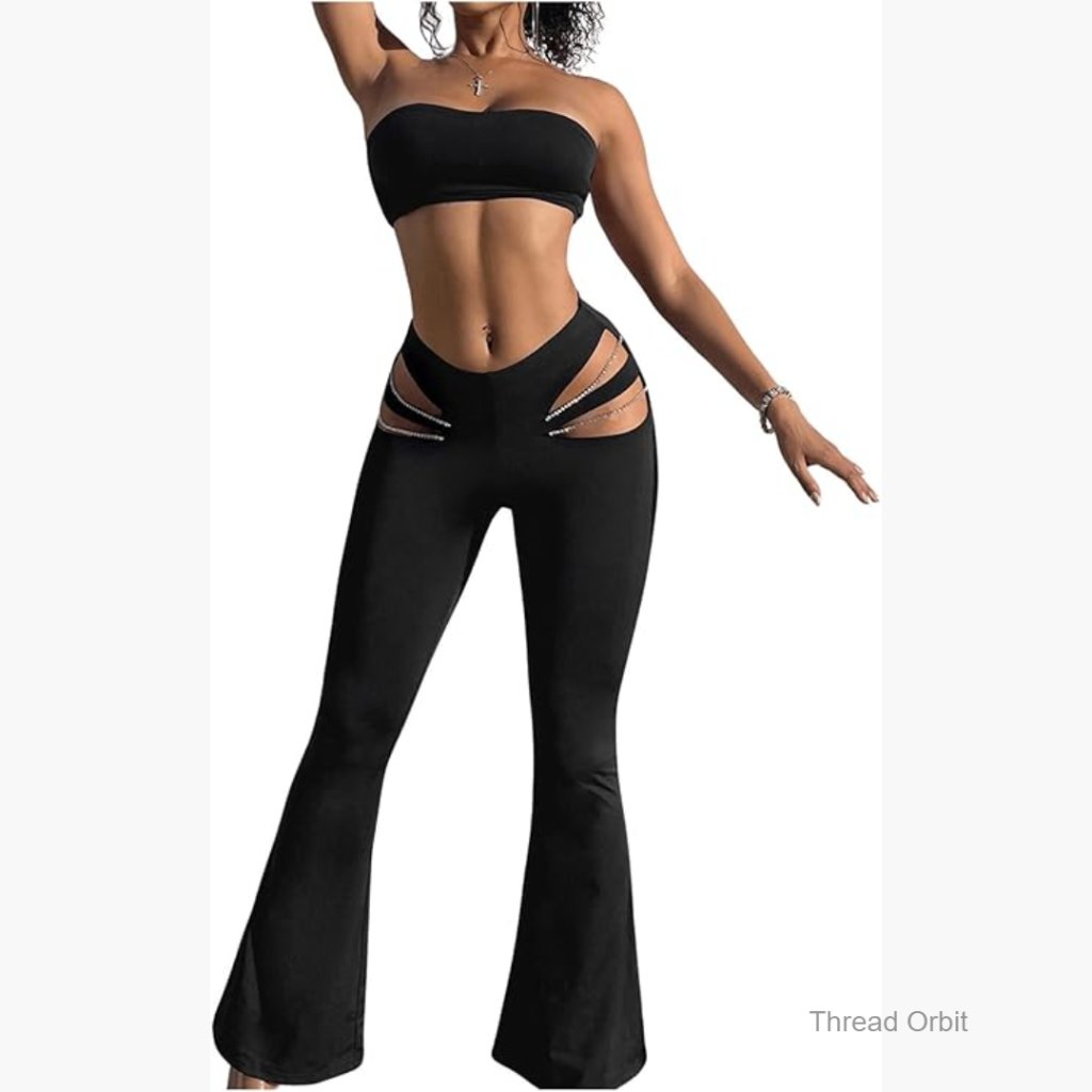 High Waisted Flare Leg Pants With Cut Out Front And Rhinestone Chain